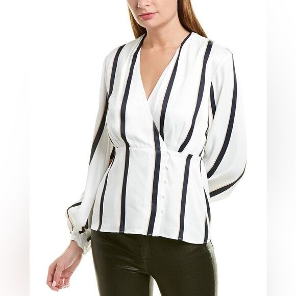 EUC Equipment White silk blouse, side button detailing and billowy sleeves Sz. S - Picture 2 of 8